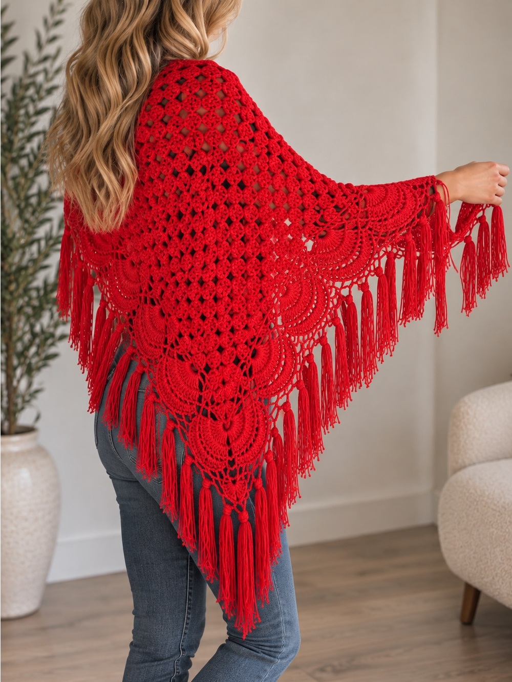Red Crochet Fringe Shawl Wrap - Women's Boho Layering Scarf